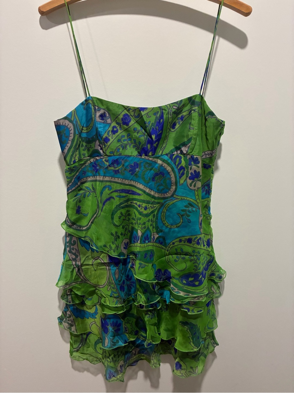 ZARA BASICS Silk Green & Blue Paisley Ruffled Spaghetti Strap Mini Dress Medium